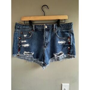 American Eagle Denim Distressed Embroidered Festival Jean Shorts Size 12 Boho